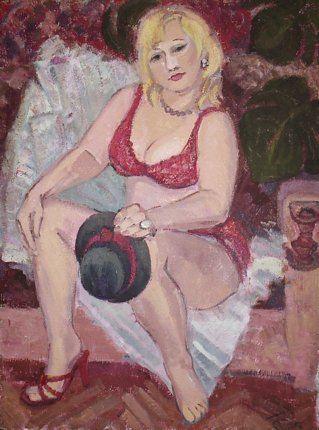 На картине изображена обнаженная женщина блондинка с формами сидит на диване и шляпа в руке