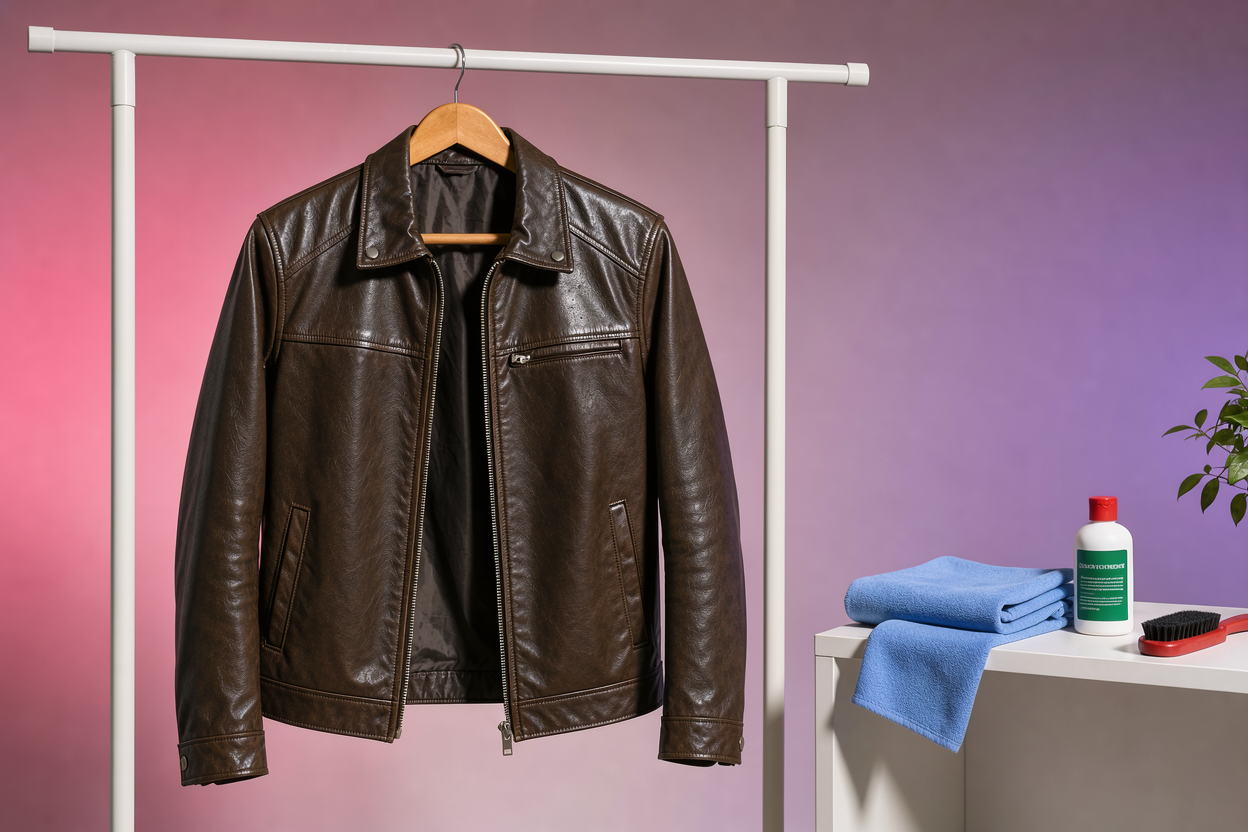 Leather jacket hanging on a wooden hanger to dry indoors away from direct sunlight, with a soft cloth and a small bottle of leather conditioner on a shelf nearby
