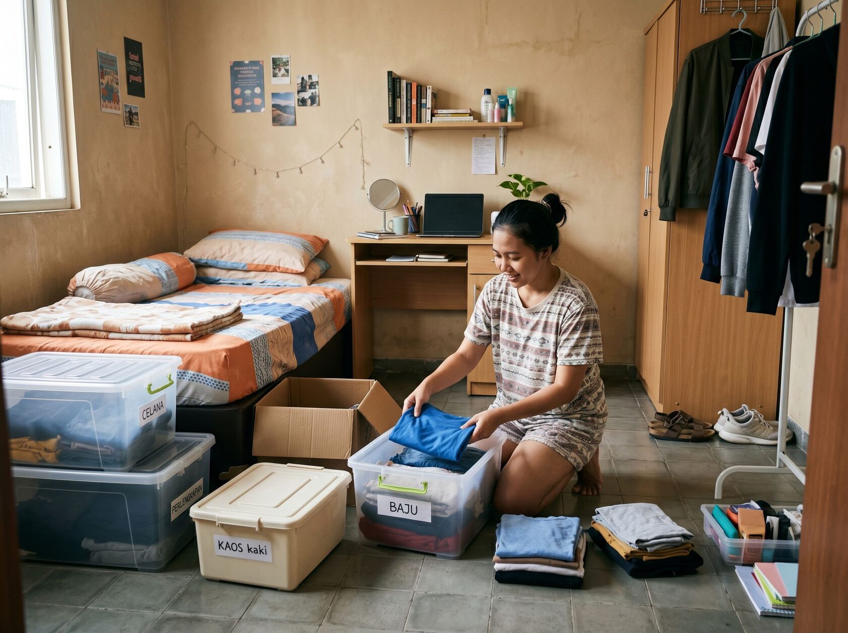 Merapikan barang di kamar kos kecil agar lebih nyaman