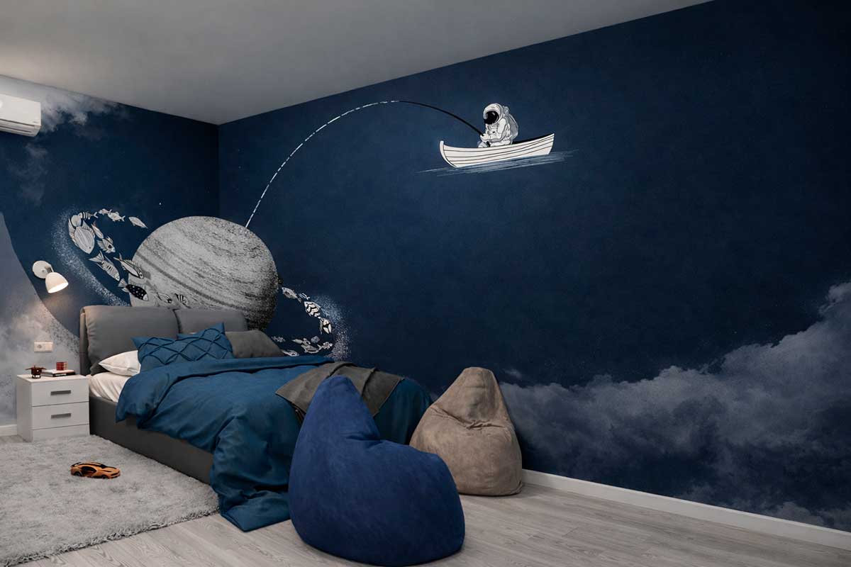 Фотообои «Космическая рыбалка» Navy в интерьере детской спальни с космосом и планетой