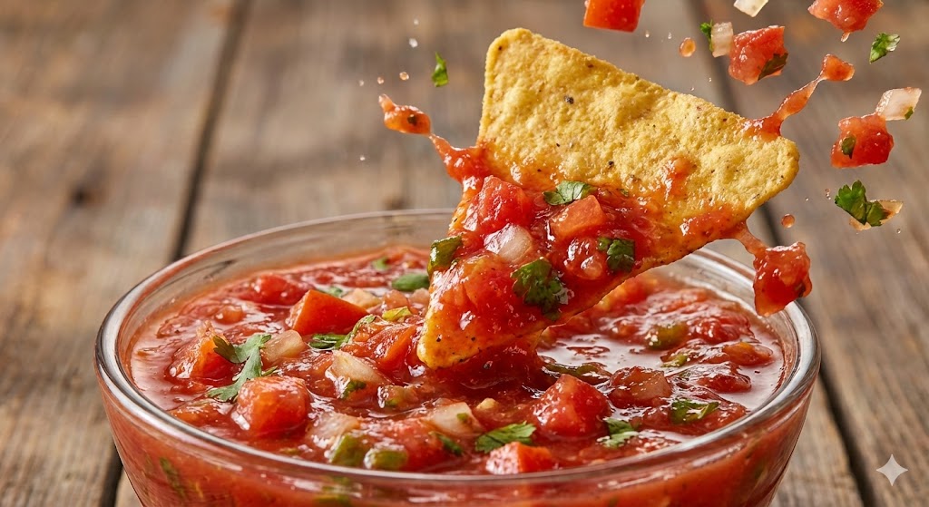 Кукурузный чипс зачерпывает острую сальсу крупным планом.