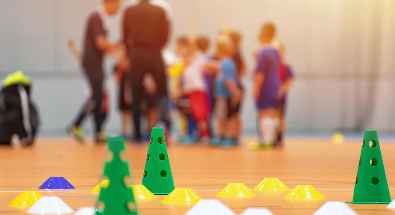 Children with adults in positions of trust in an indoor sports centre gym with cones about to start and activity