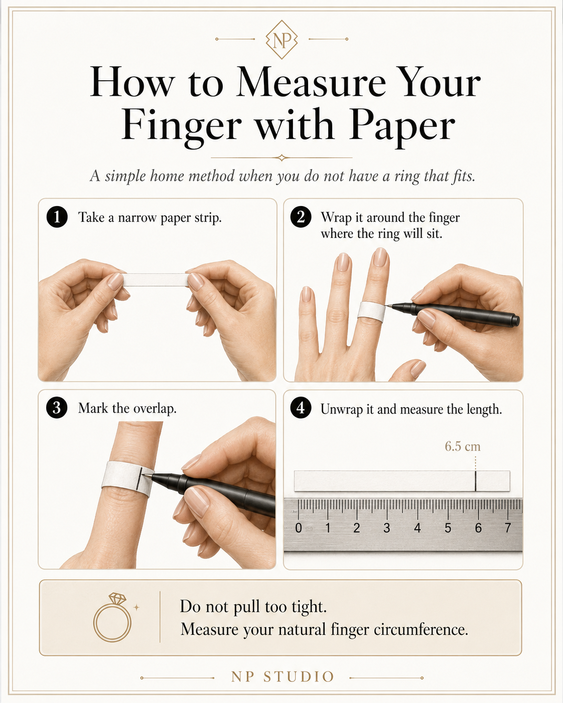 Four-step guide to measuring finger circumference with a paper strip for ring sizing