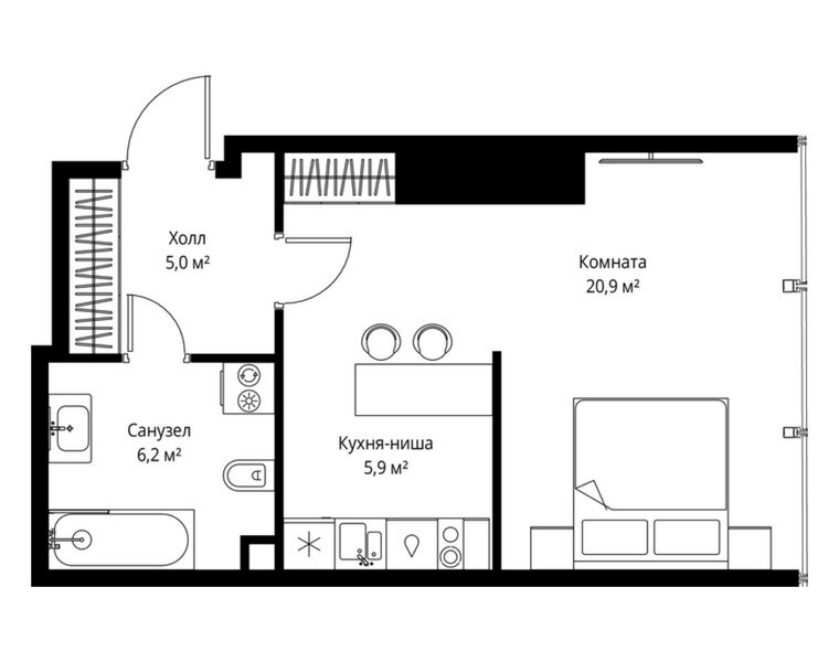 Планировка студии 38 м² в ЖК ONE: 46-й этаж