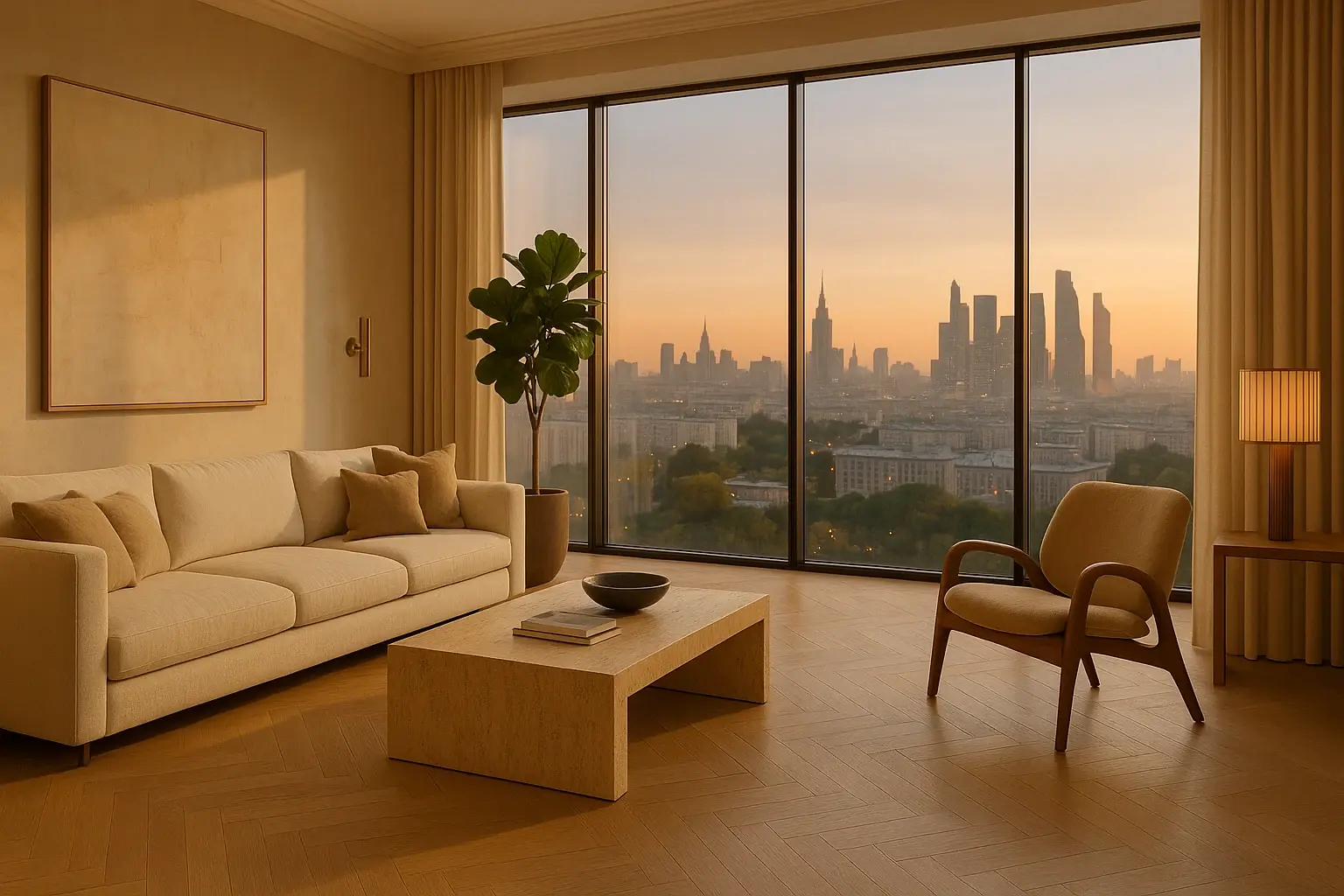 Премиальная гостиная с панорамой Москвы‑Сити на закате, тёплый свет 2700–3000K, натуральные материалы