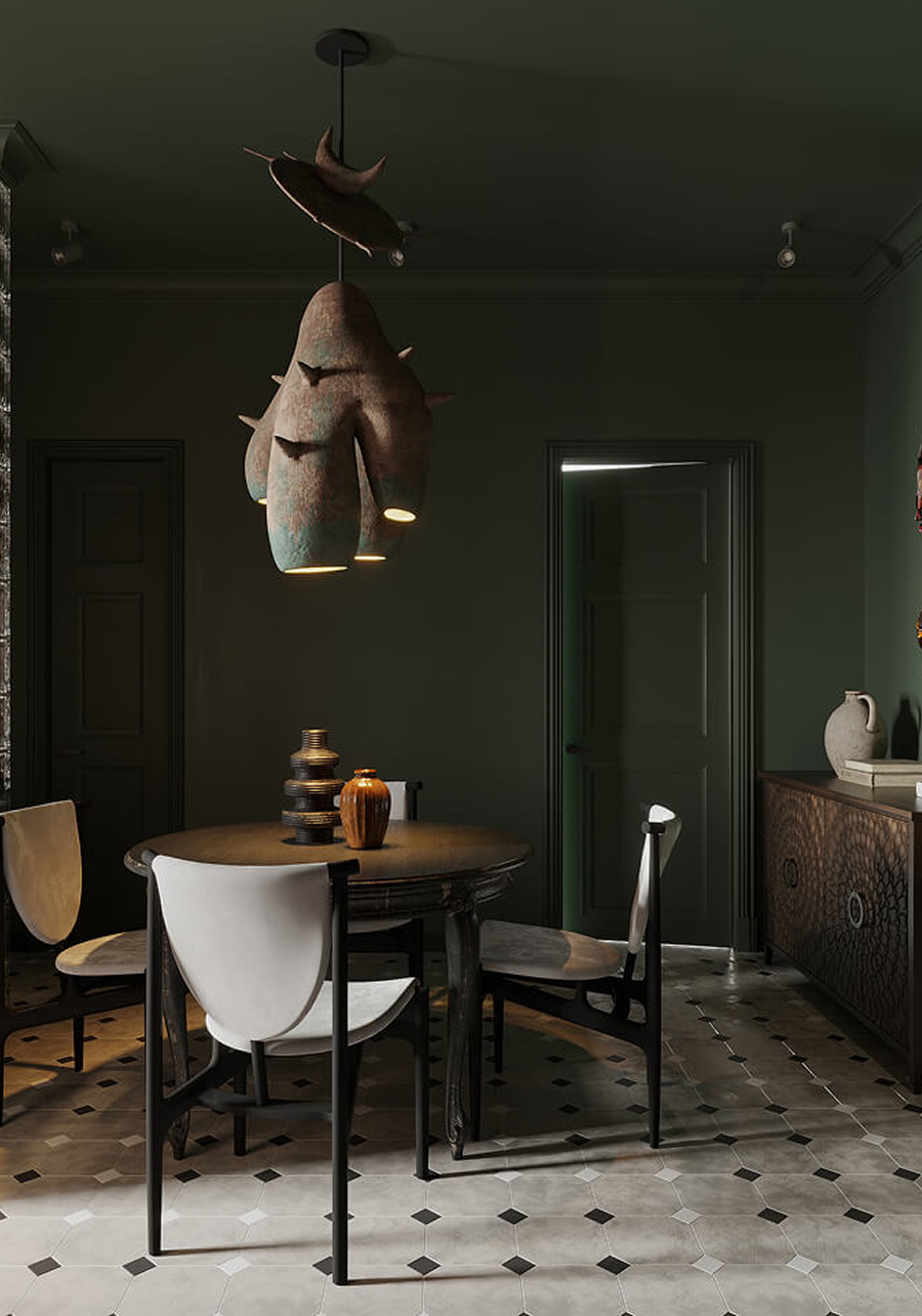 Дизайн интерьера, комната в зелёном цвете, африканская люстра, белые стулья, круглый стол, деревянная тумба, плиточный пол
