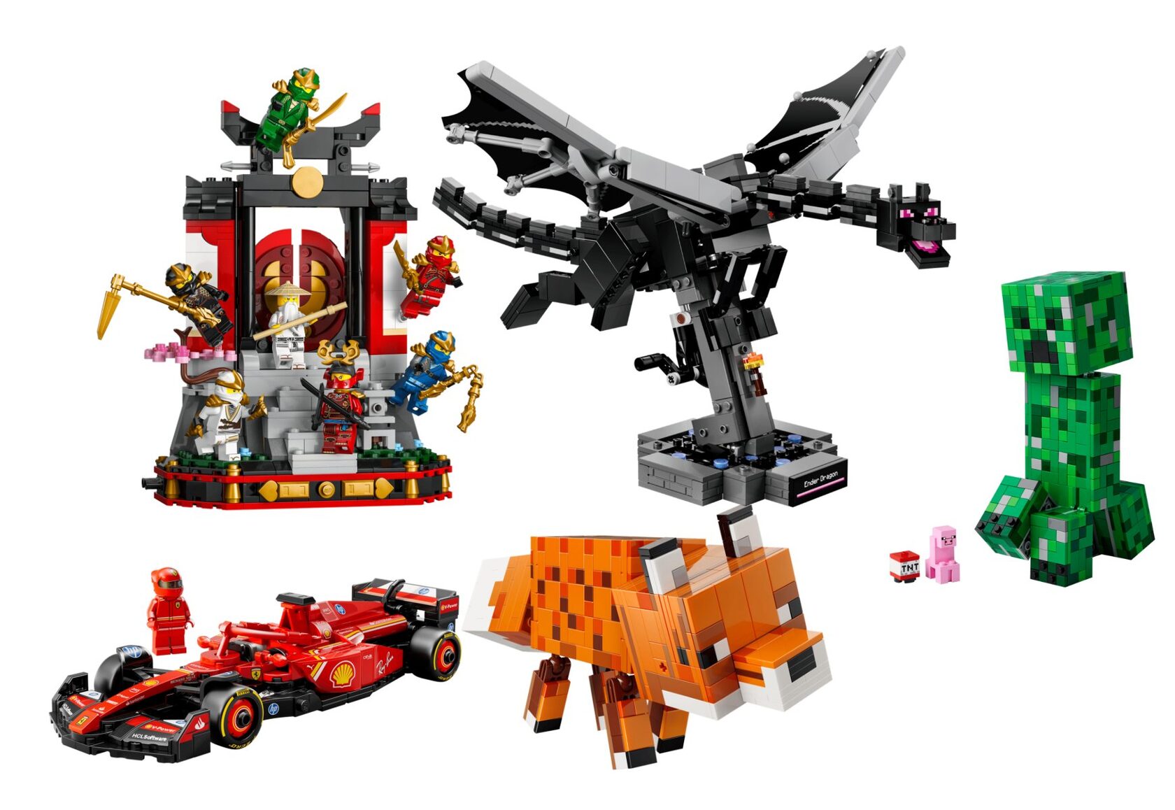 Наборы LEGO из новой партии: дисплей Ninjago, Minecraft «Дракон Края», «Крипер» и «Лиса», болид Ferrari SF-24 Speed Champions