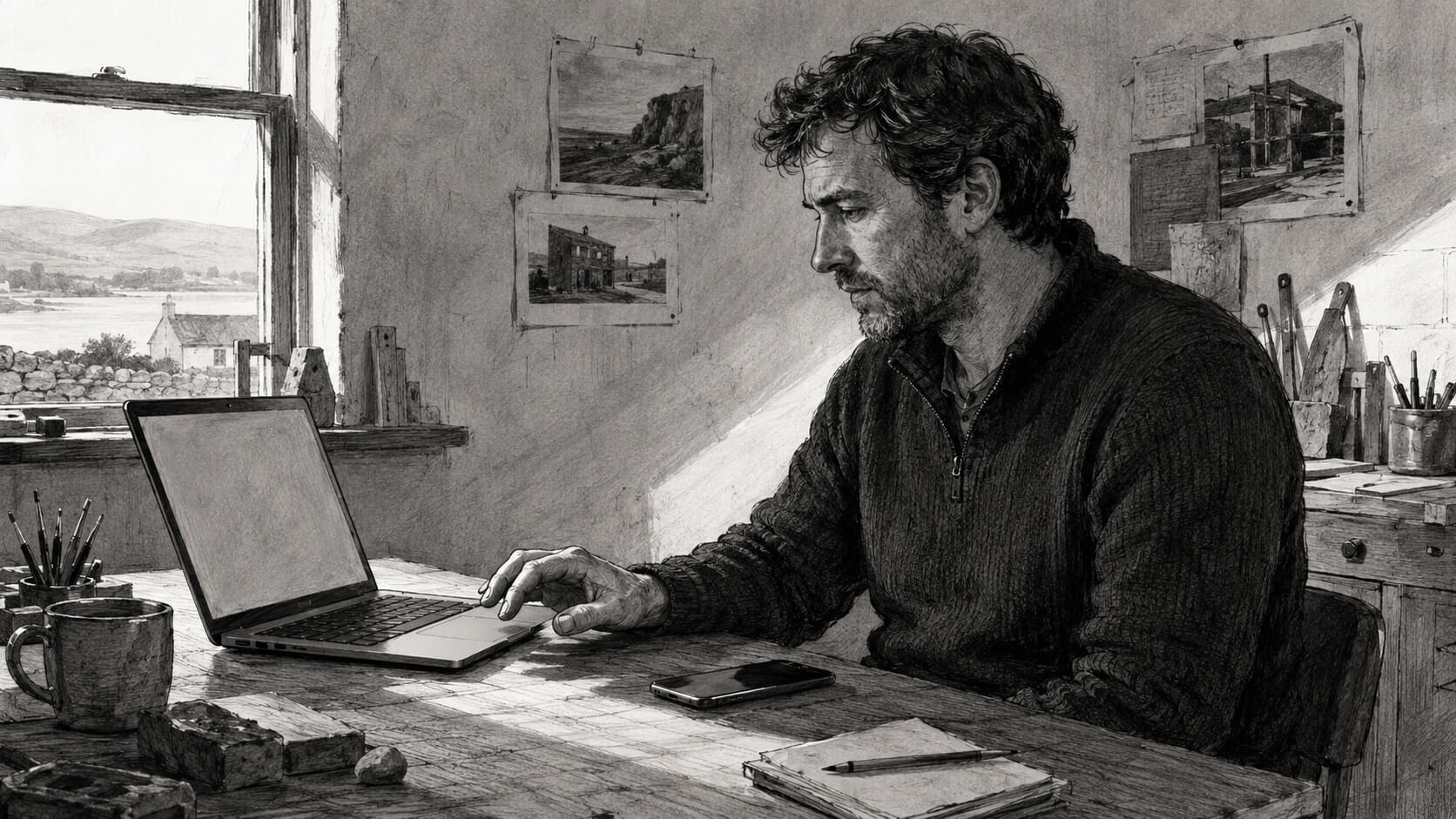 Black-and-white illustration of a business owner hesitating before sending his website link to a potential customer.