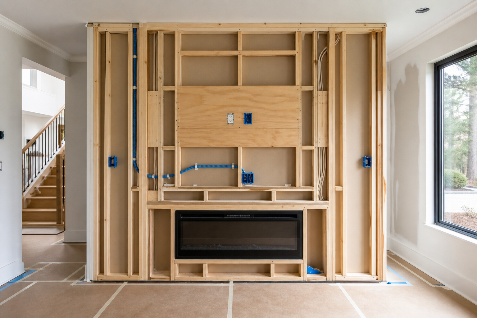 Media wall construction framing with TV mounting support, electrical boxes, concealed cable pathways, and a linear fireplace opening