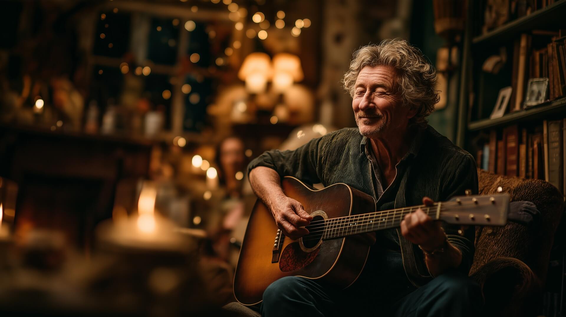 Мужчина в костюме (брат-прокурор) слушает песню на юбилее в кругу семьи