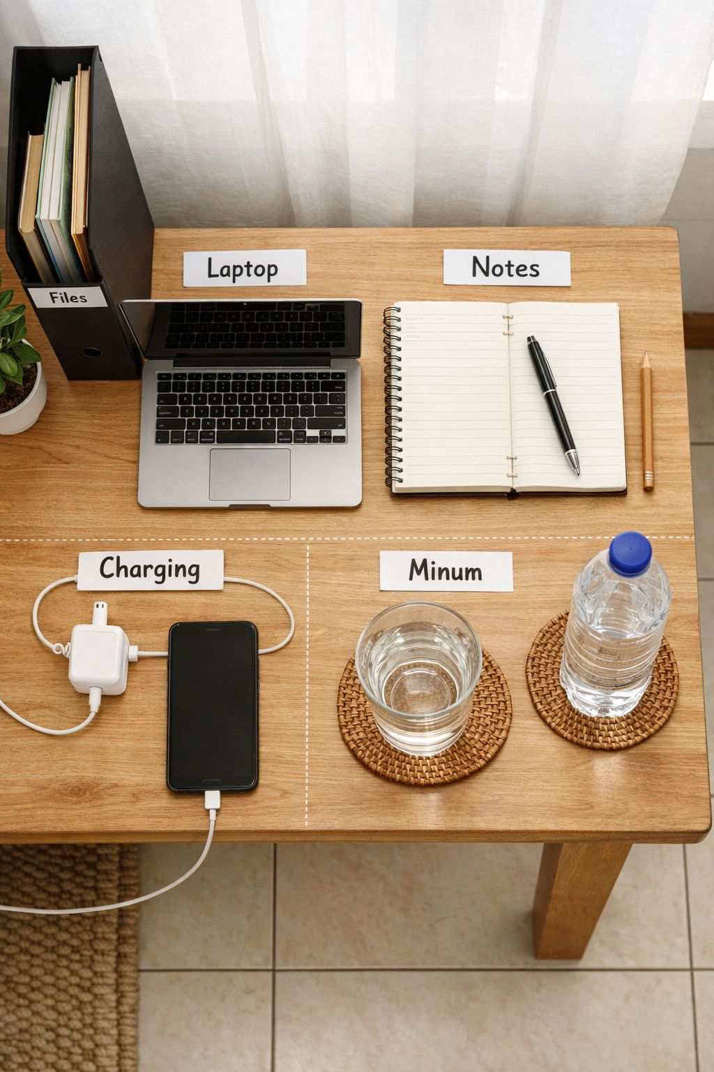 Meja kerja kecil yang dibagi menjadi zona laptop, catatan, charging, dan minum agar home office lebih rapi.