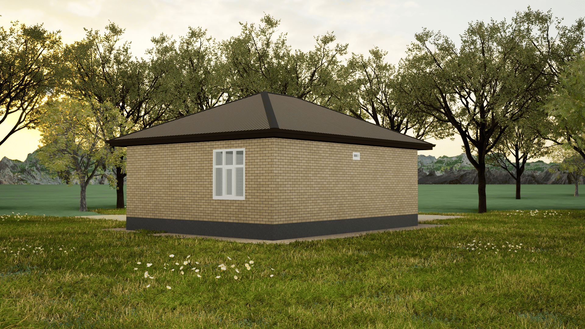 Маленький одноэтажный дом в Ставрополе из желтого силикатного кирпича с белыми окнами и темной крышей цвета серый графит