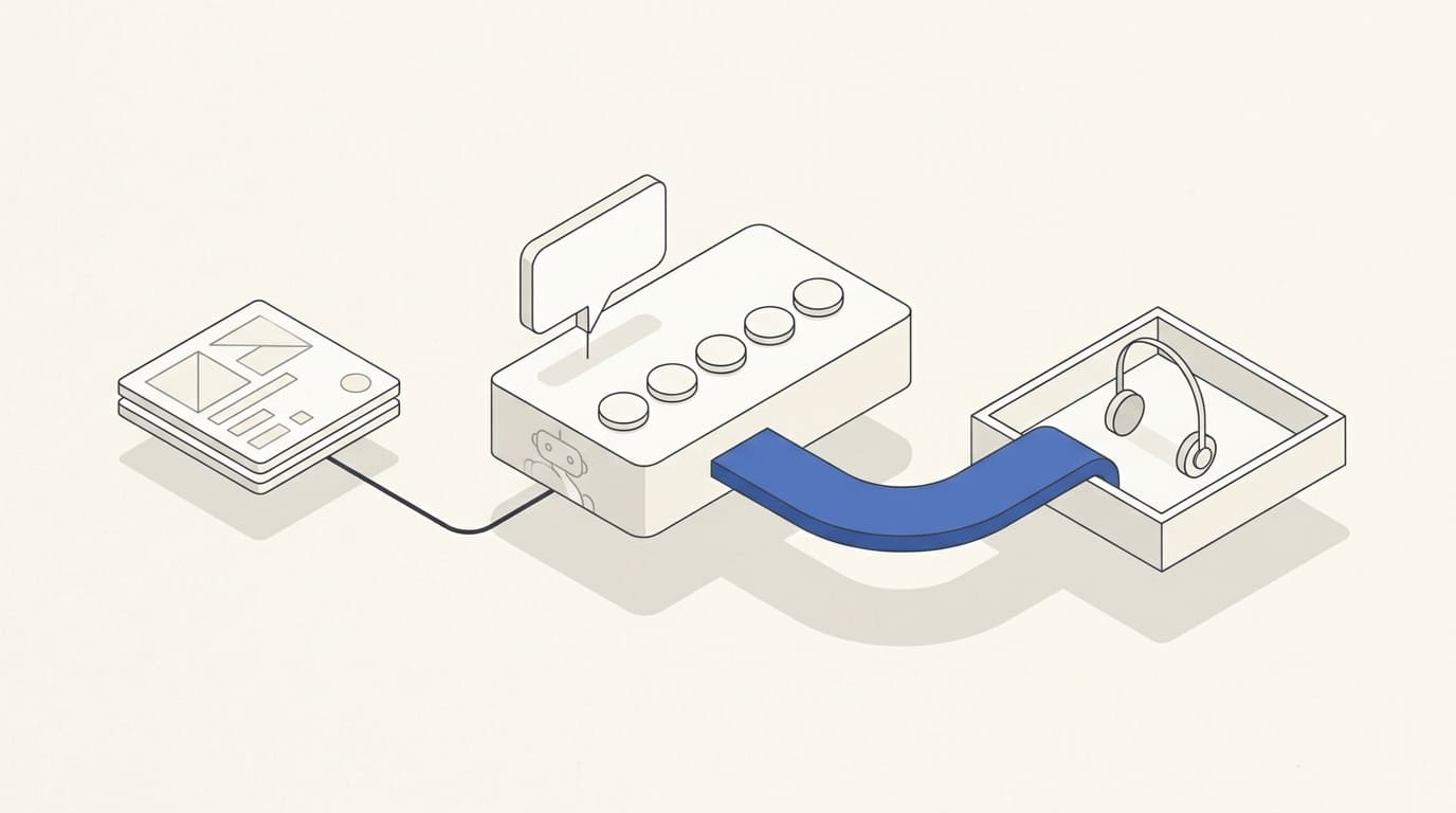 A rating and comment panel connects through a broad path to a support headset.