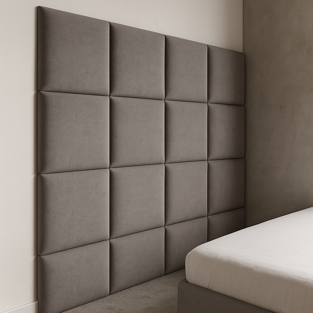 Мягкие стеновые панели из серой ткани в современном интерьере спальни для улучшения звуко- и теплоизоляции