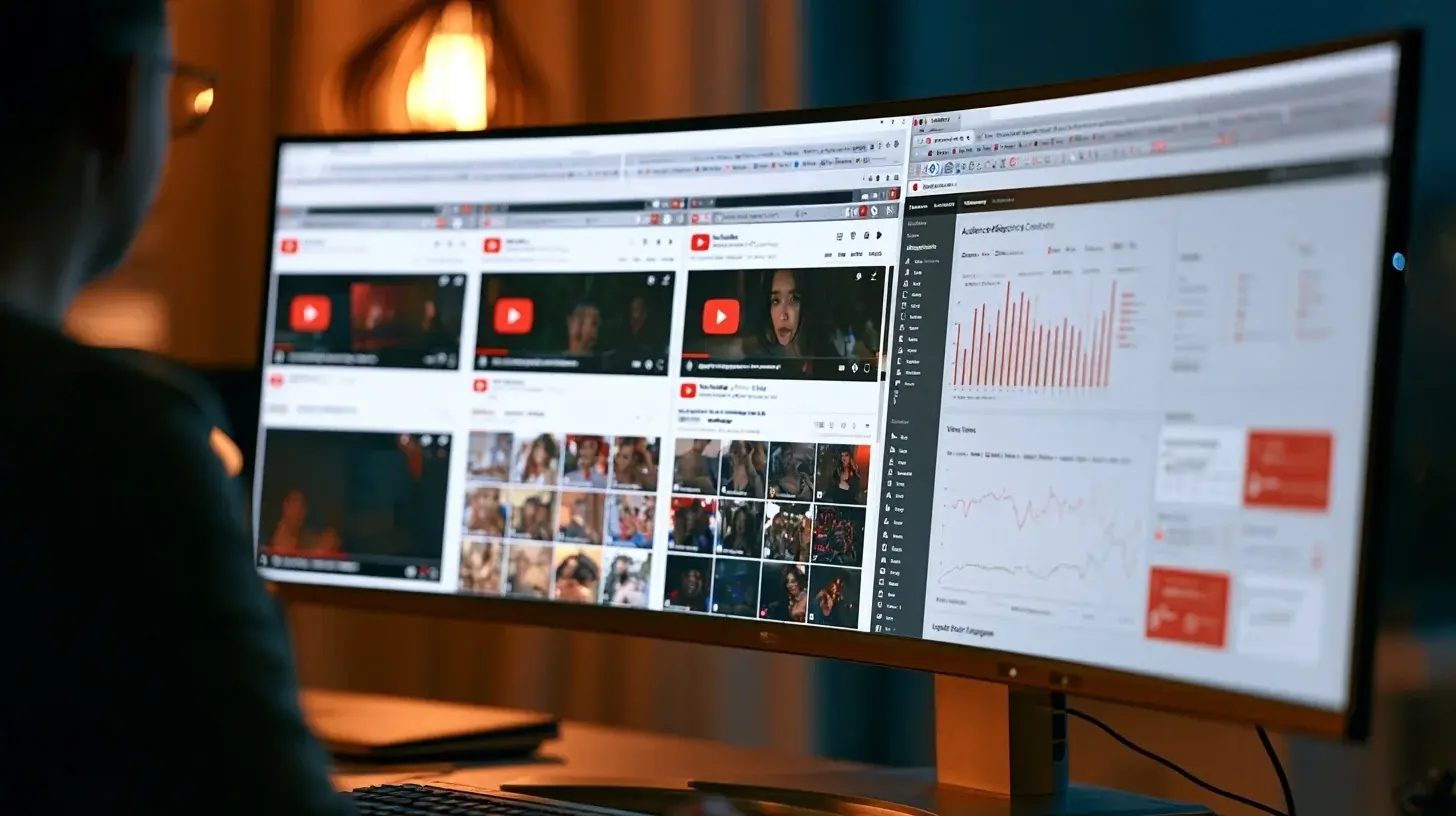 Окна YouTube-каналов и иллюстративная панель проверки блогеров с графиками на рабочем мониторе