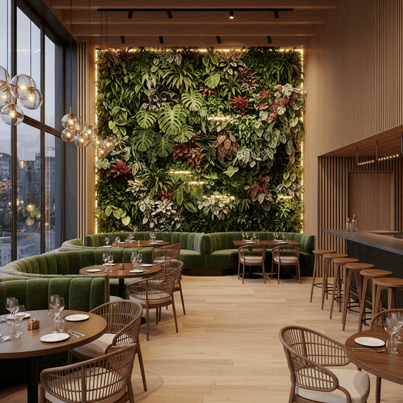 Вертикальное озеленение в ресторане с живой зелёной стеной и подсветкой