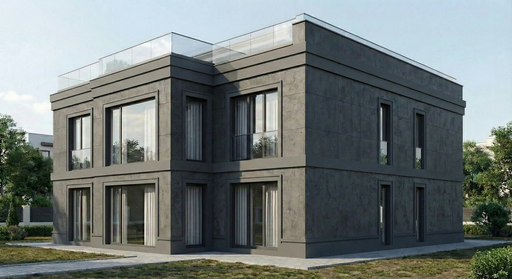 Угловой ракурс дома в стиле хай-тек с цветным фасадным декором — строгая симметрия, обрамление окон и пояса выделены под основной оттенок фасада.