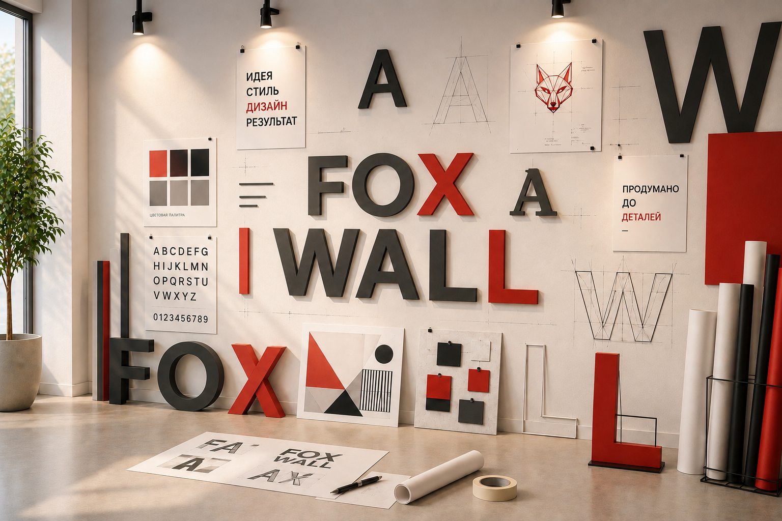 Разработка дизайна — дизайн-пространство FOX WALL с типографикой и эскизами