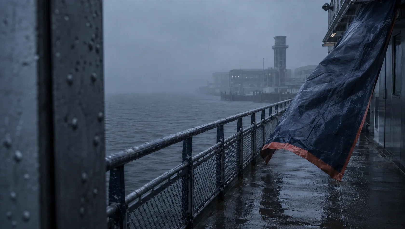 Промокшая одежда на борту и туманная вода передают напряжение после принятого решения.