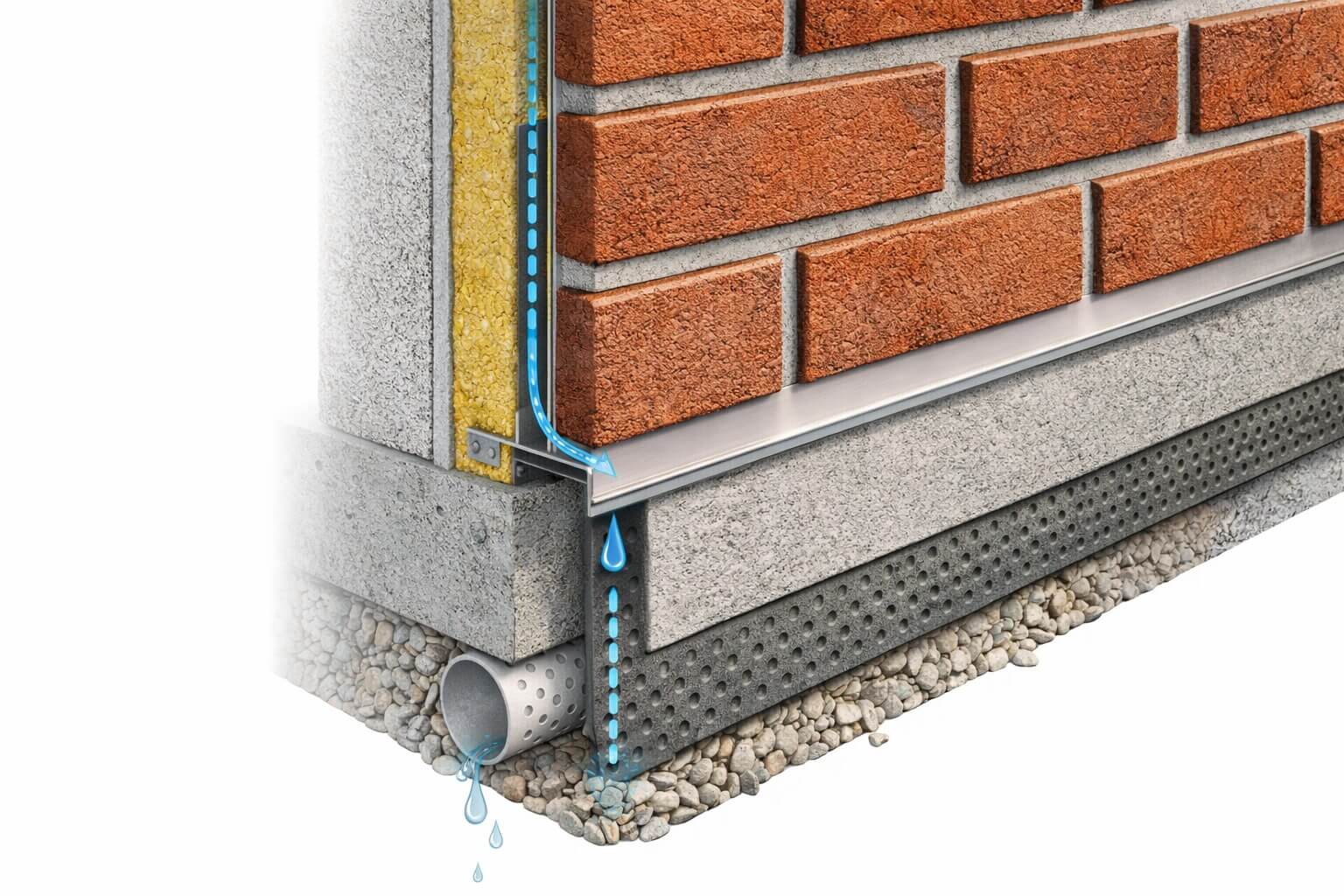 Узел цоколя с клинкерной плиткой в разрезе. Показано примыкание фасада к фундаменту и путь отвода воды от облицовки.