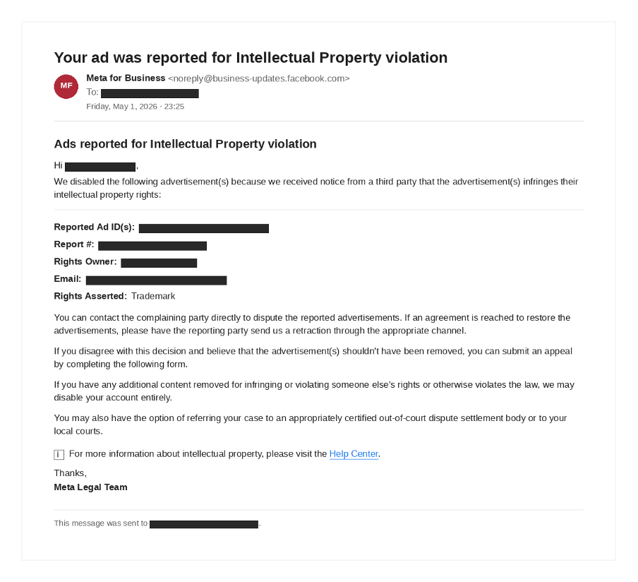 Example of an official email from Meta support 