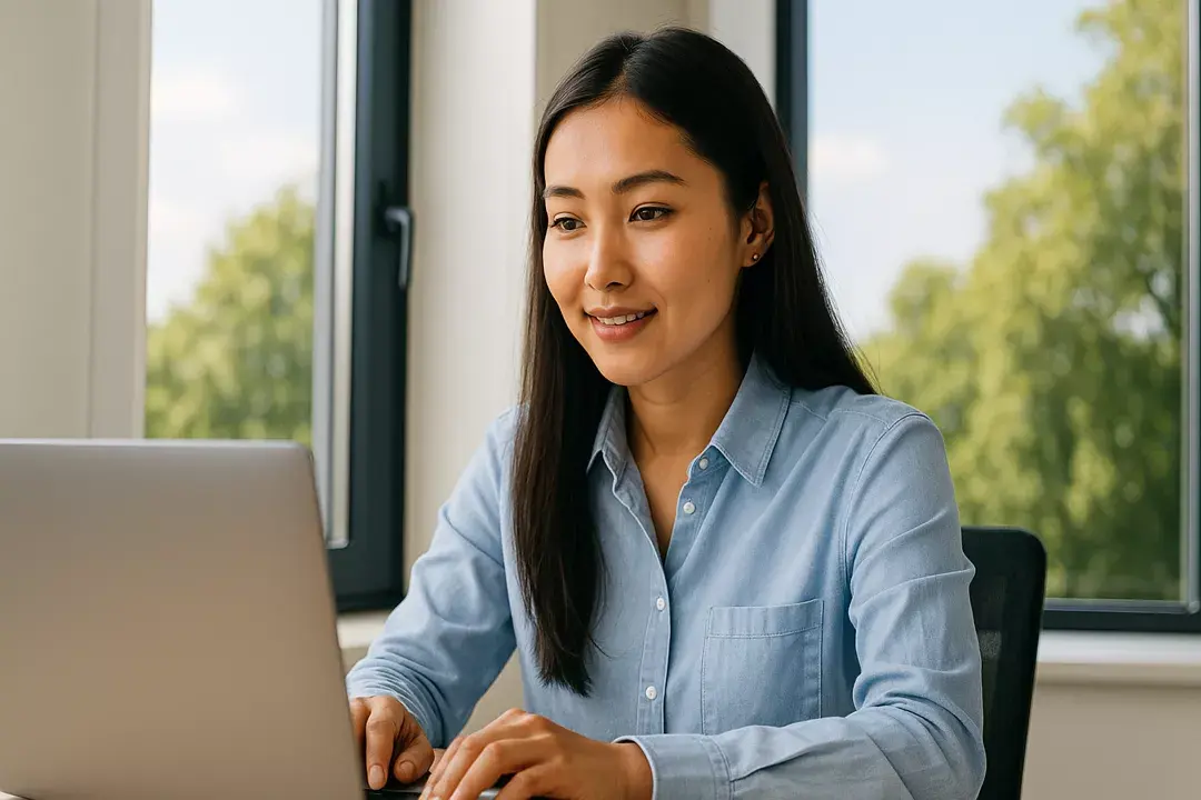 Девушка в офисе летом смотрит вебинар WebWellness по теме восстановления энергии