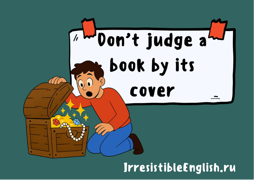 Иллюстрация парня в оранжевой футболке, который с удивлением открывает старый деревянный сундук и находит внутри сокровища: драгоценности, жемчужные бусы и золото. На фоне большой белый плакат с надписью «Don’t judge a book by its cover».