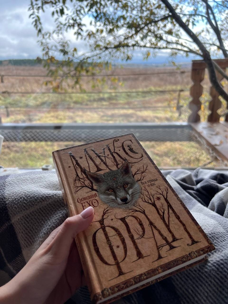 Книга в руках на террасе шале с видом на поле