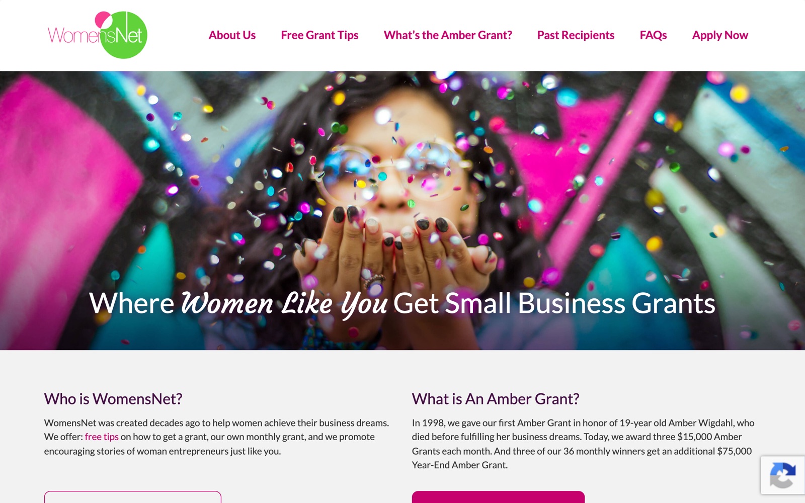 Amber Grant homepage screenshot: WomensNet small business grants for women