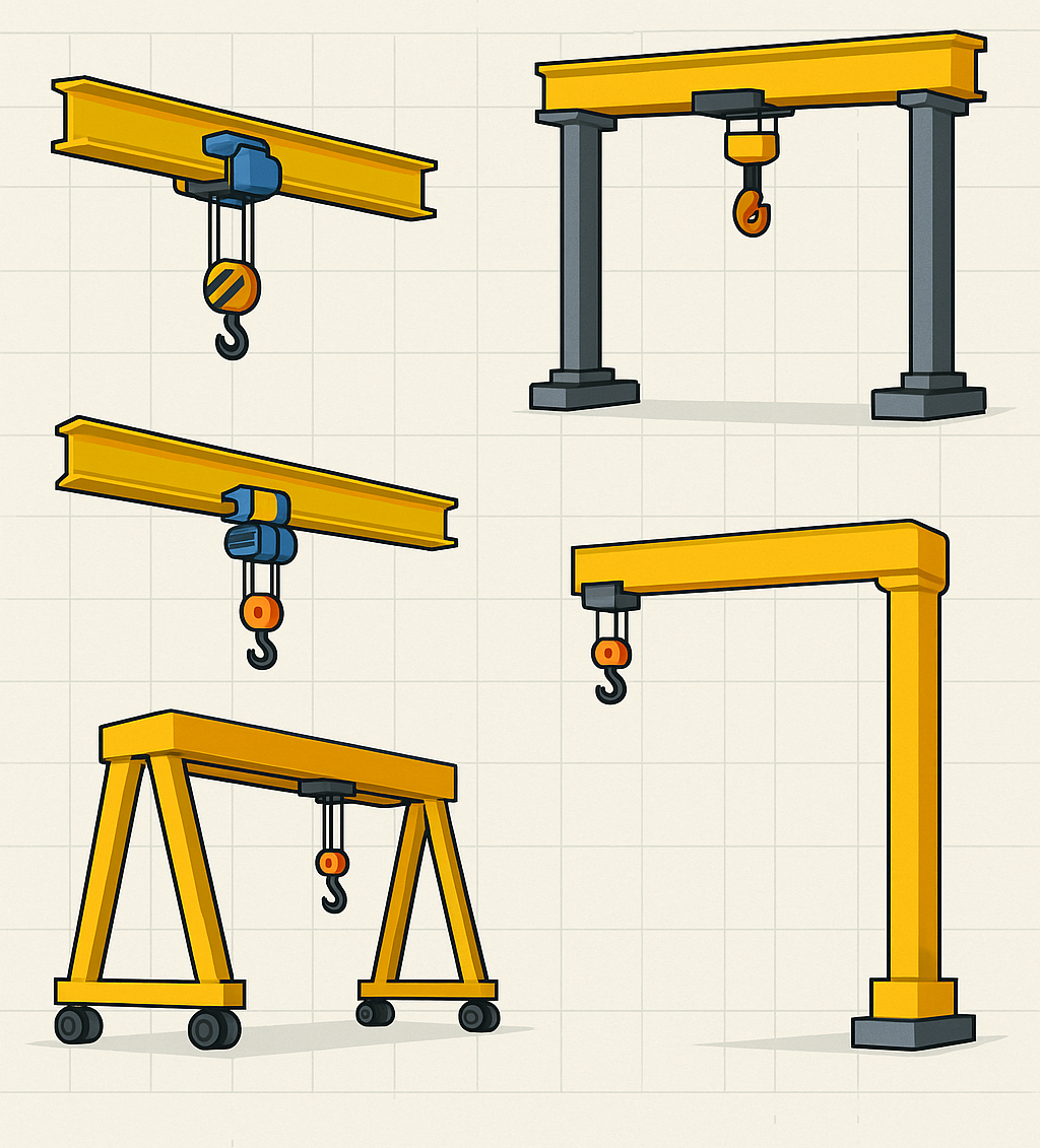 Классификация грузоподъёмных кранов и кран-балок: мостовой кран, подвесная кран-балка, козловой кран и консольный кран — иллюстрация для статьи