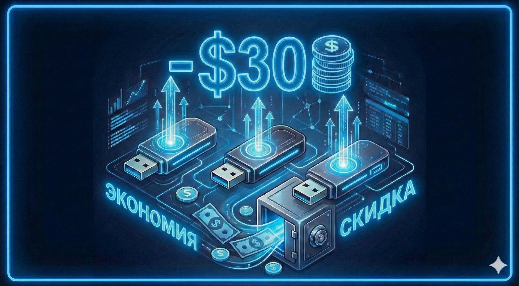 Светящаяся синяя неоновая инфографика с текстом «-$30», «SAVINGS» и «DISCOUNT». На ней изображены три USB-накопителя со стрелками вверх, расположенные на печатной плате с монетами и купюрами, а также открытый сейф, из которого вылетают деньги, символизиру