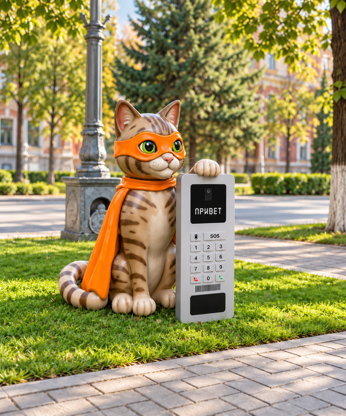 Кот в оранжевом плаще рядом с домофоном у коворкинга Goodline