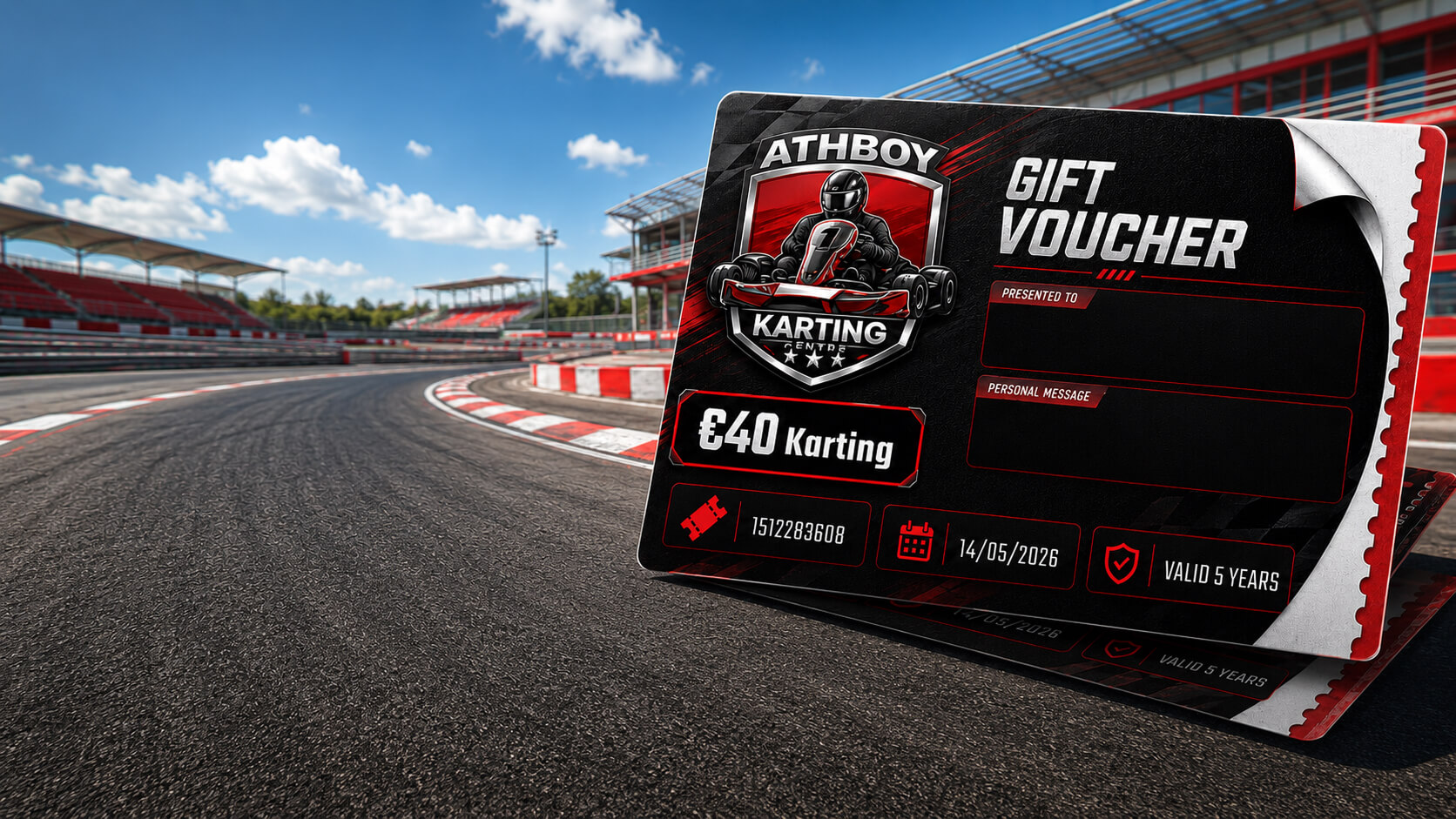 Go karting gift voucher for Athboy Karting Centre with outdoor track on background