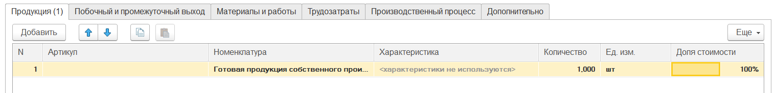 1С Комплексная автоматизация 2: ресурсная спецификация, продукция по рассчитываемой стоимости