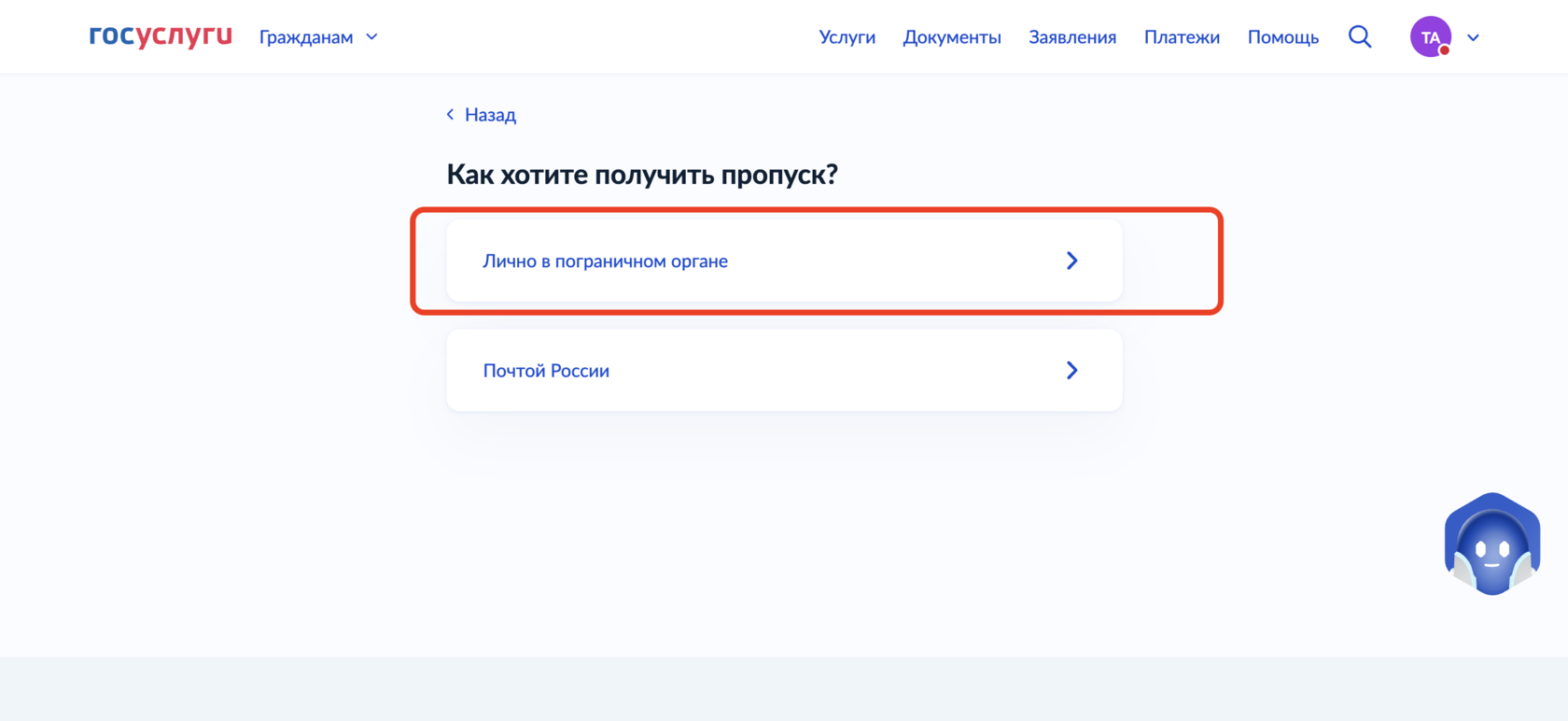 Скриншот 3: выбор способа получения пропуска