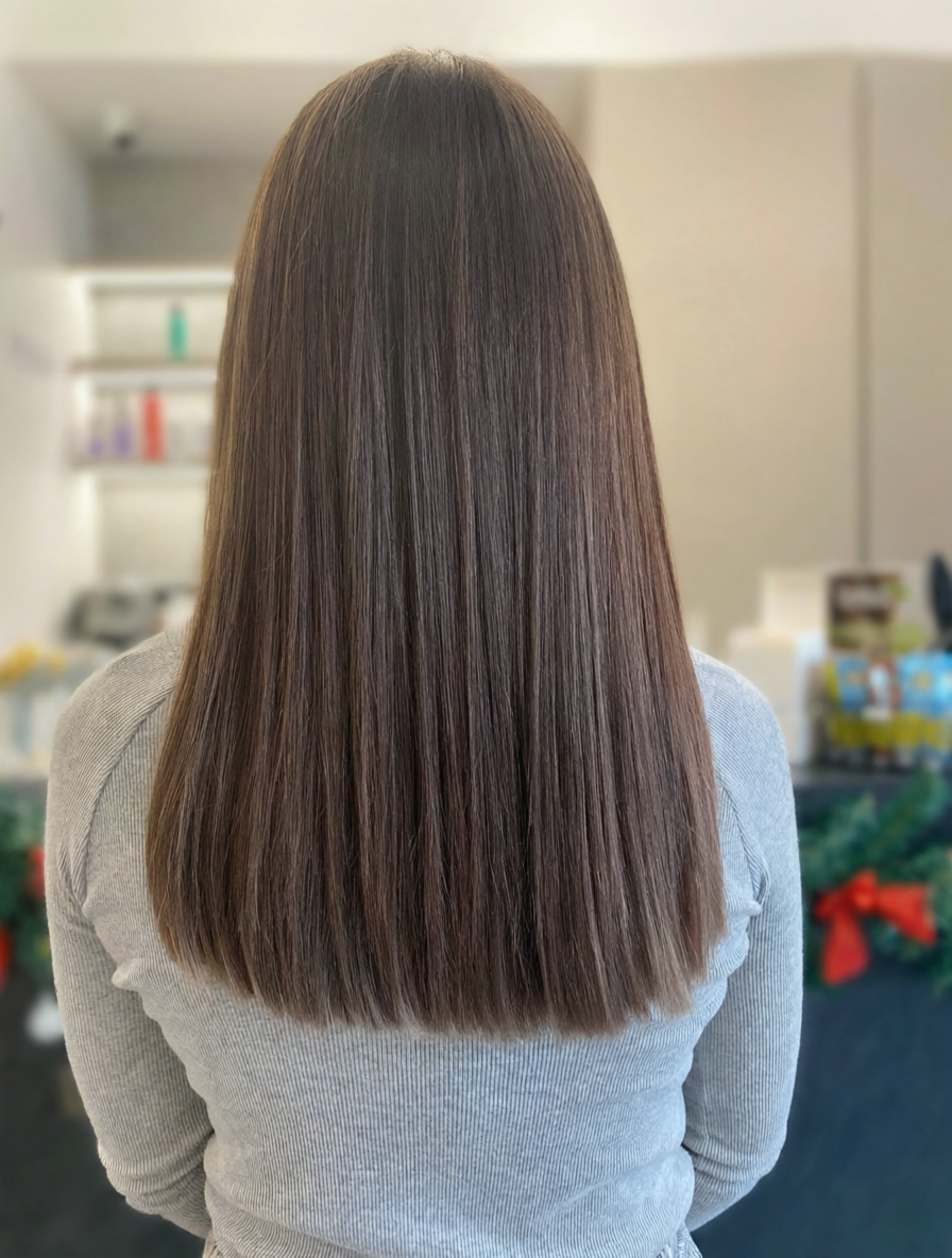 Ровный срез на длинные тёмно-каштановые волосы — LUMOSK ESTETICS