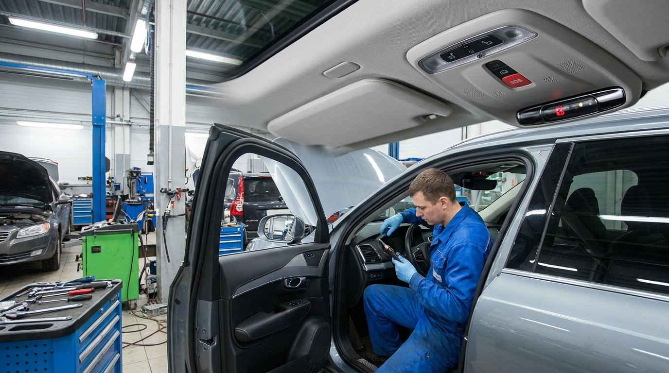 Автомобиль с установленным устройством вызова экстренных служб, техник в спецодежде осматривает салон, профессиональная мастерская