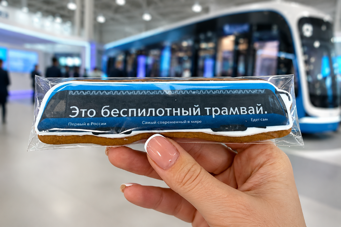 Брендированный пряник «Это беспилотный трамвай» в прозрачной индивидуальной упаковке