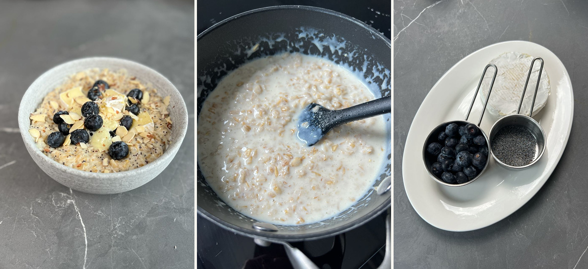 Три изображения, иллюстрирующие процесс приготовления овсяной каши. На первом фото готовое блюдо в миске с голубикой и миндальными лепестками. На втором — процесс варки овсянки в кастрюле с молоком. На третьем изображении ингредиенты для каши: свежие голубики и семена чиа, а также ложки для измерения.