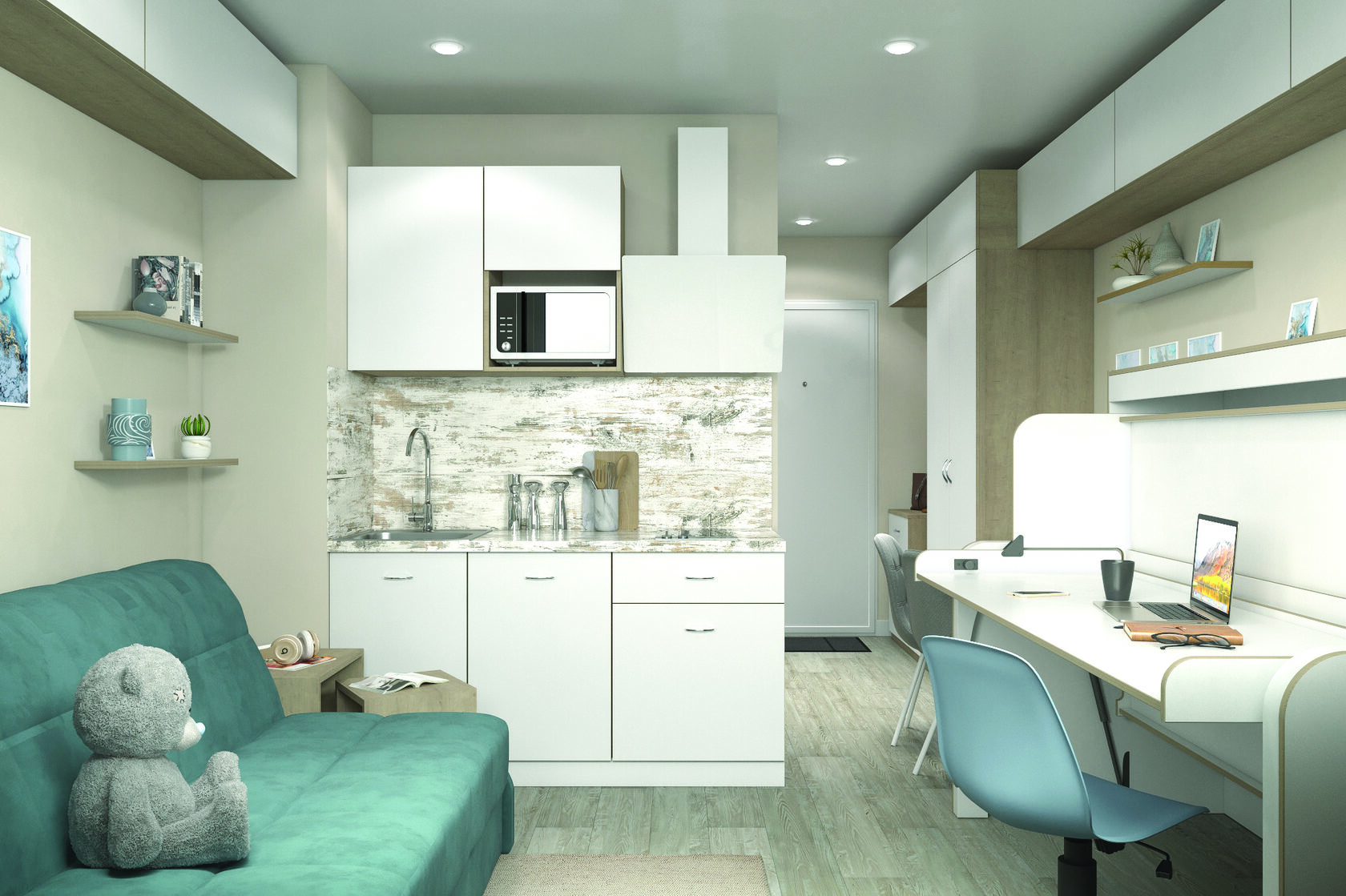 Компактная кухня и диванная зона