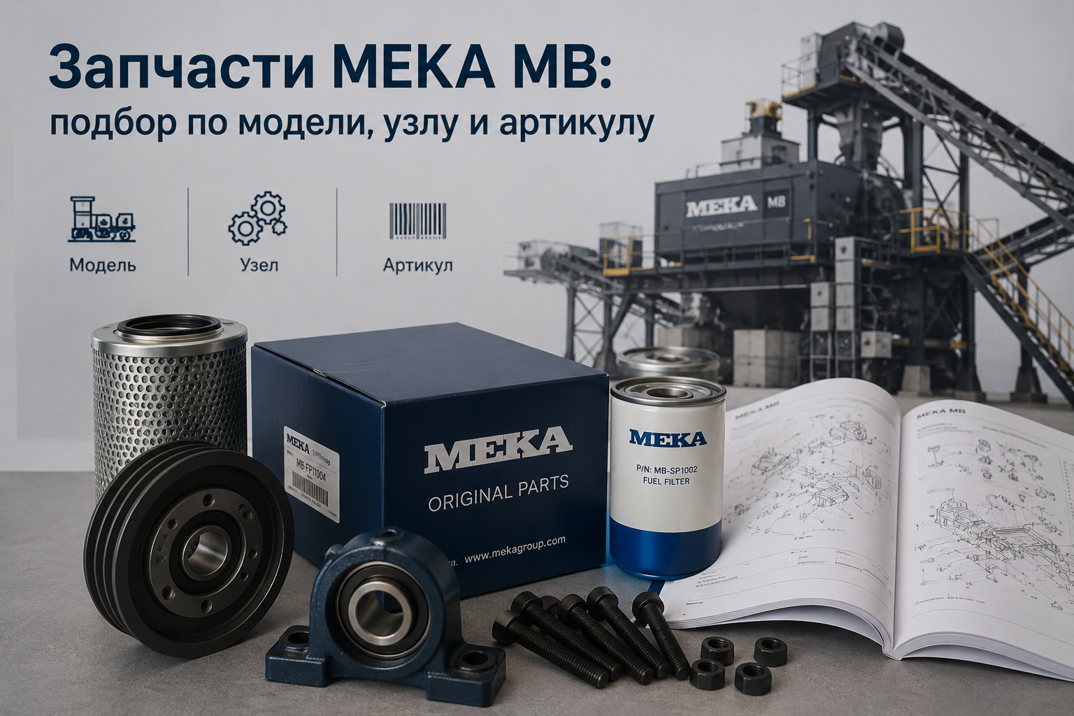 Запчасти MEKA MB для бетоносмесителя: броня, лопасти, скребки, уплотнительные узлы и элементы привода