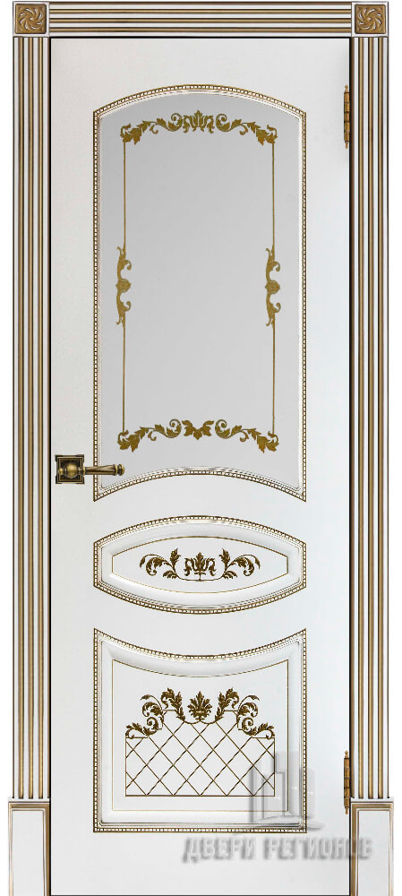 Дверь межкомнатная Алина Патина золото остекленная, цвет Эмаль белая RAL 9003