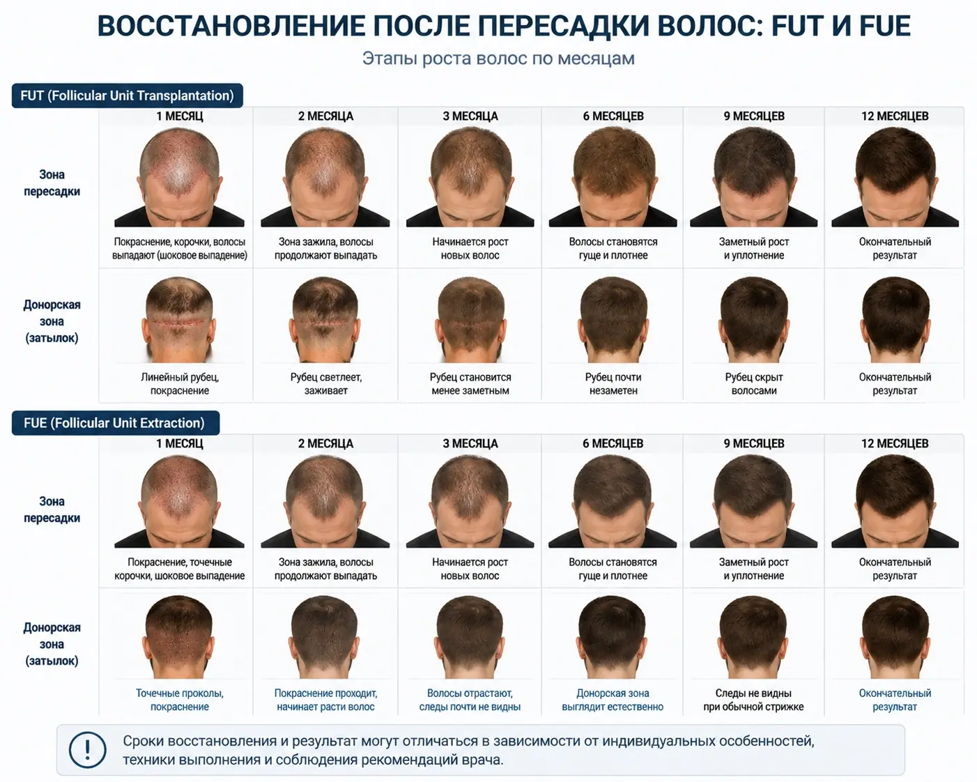 Восстановление после пересадки волос FUT и FUE по месяцам