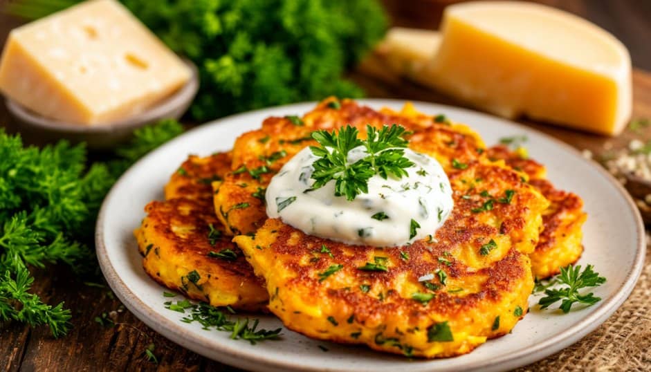 Оладьи из кабачков с чесноком, зеленью и сыром