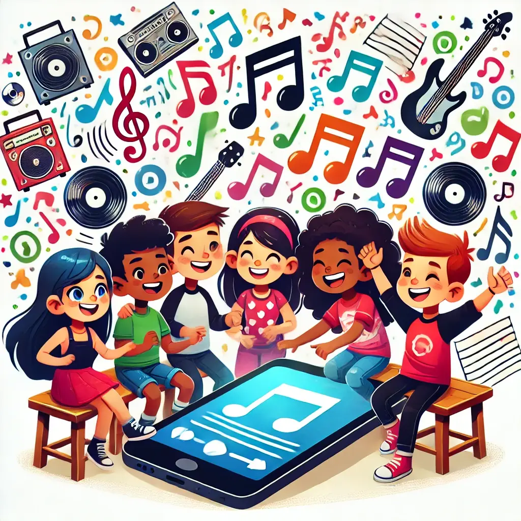 An illustration for a news article about 6th-grade students creating a collaborative music playlist, each contributing their favorite songs. The image shows a group of cheerful and diverse kids gathered around a smartphone or tablet with a playlist on the screen. There are colorful musical notes, symbols, and album covers floating around them, symbolizing different genres of music. The kids are smiling, excited, and enjoying the moment, representing the joy of music and teamwork.