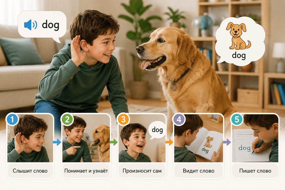 Пять этапов знакомства ребёнка с английским словом dog: услышать, понять, произнести, прочитать и написать