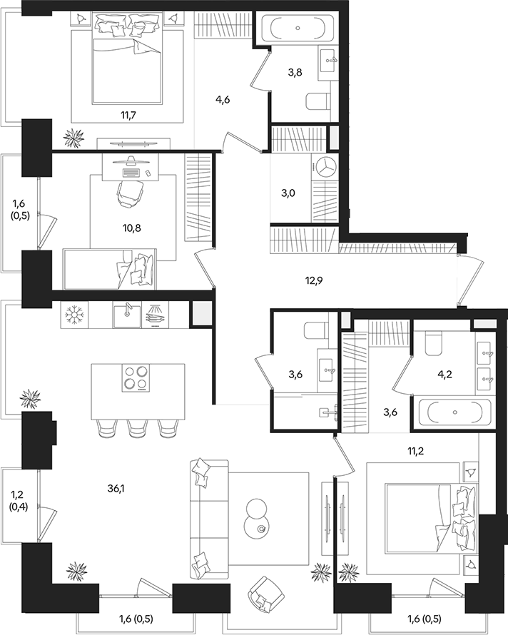 4‑комн квартира ~110 м²