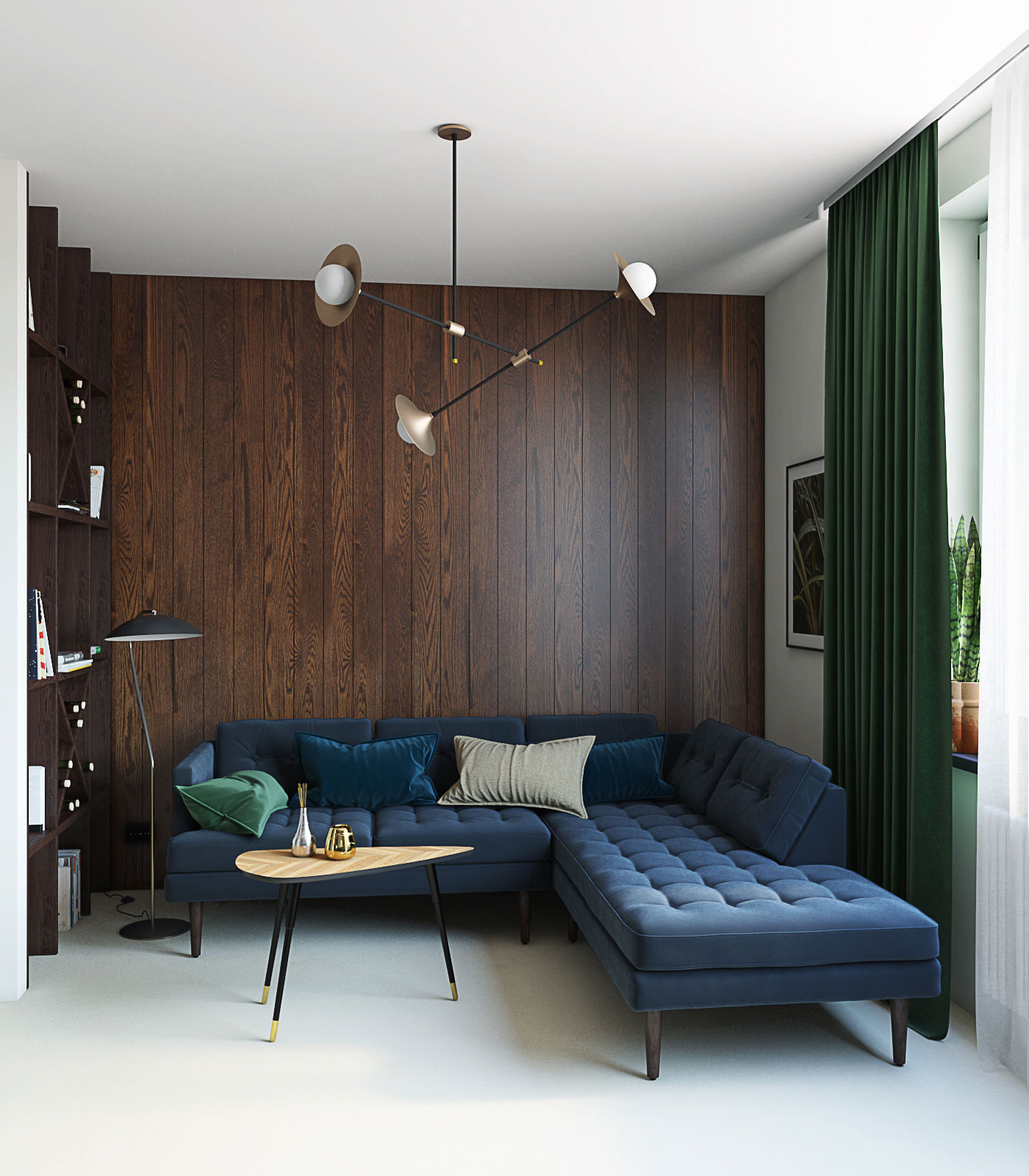 Угловой диван на ножках. Люстра современная с металлическими плафонами. Столик на ножках у дивана. Стеллаж деревянный от пола до потолка 