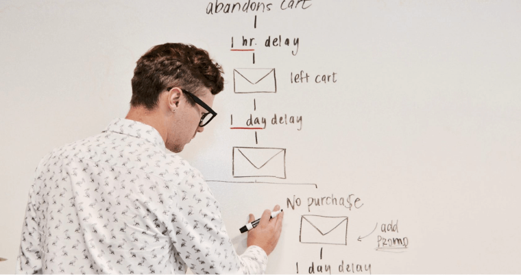 парень пишет схему на белой доске