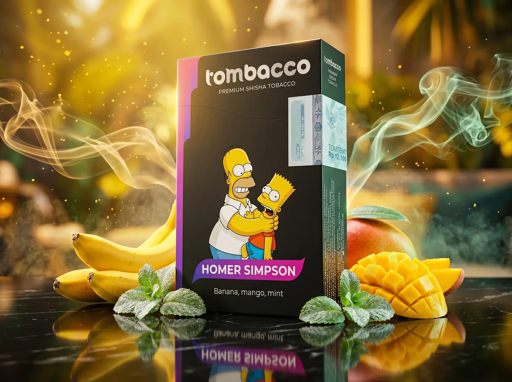 A fun box of Tombacco Homer Simpson surrounded by fresh bananas and mangoes, serving as a crowd-pleasing Adalya Alternatives Bali pick for any group session.